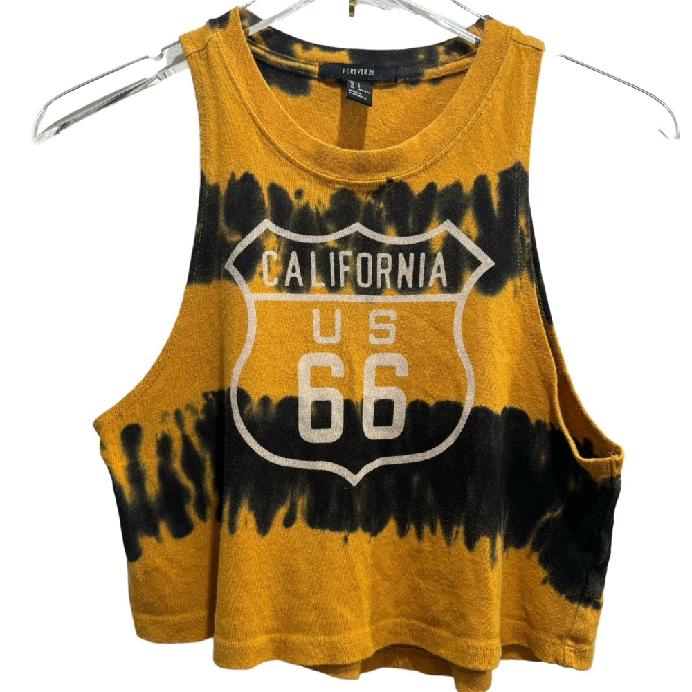Forever 21 US 66 Graphic Tie Dye Crop muscle tee Small Black Yellow - Picture 7 of 7
